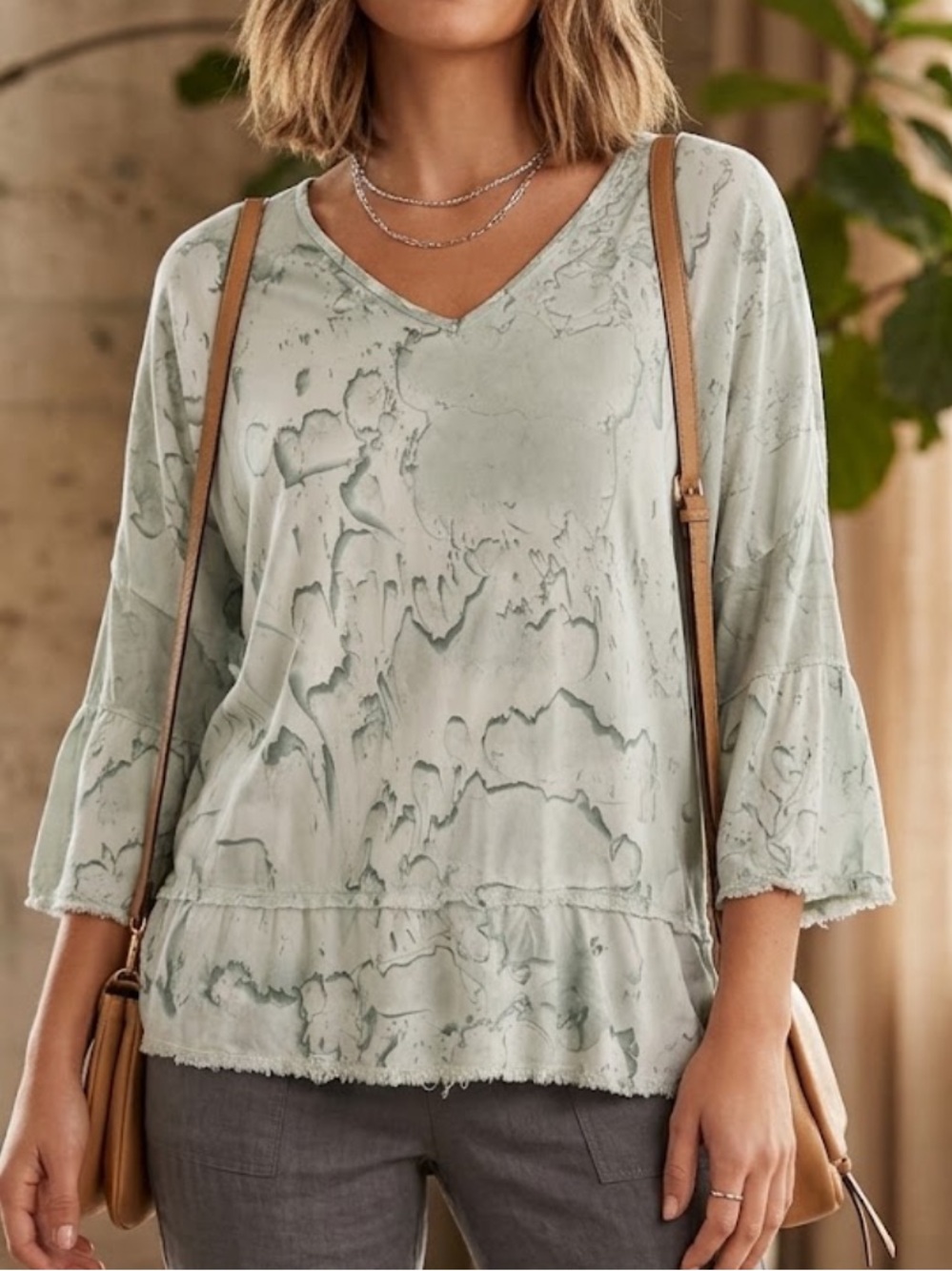 XCVI Mineral Wash abstract marble V-Neck Blouse Boho Raw Edge soft Top S
